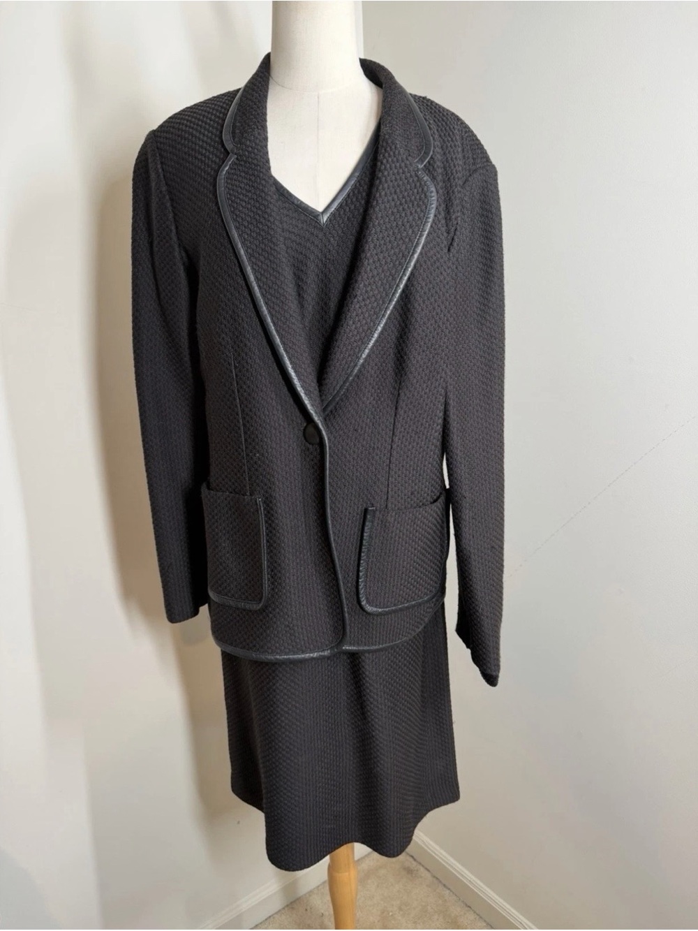 St John 2 Pc. Black Santana Knit Blazer & Sheath Dress One Button Leather Trim